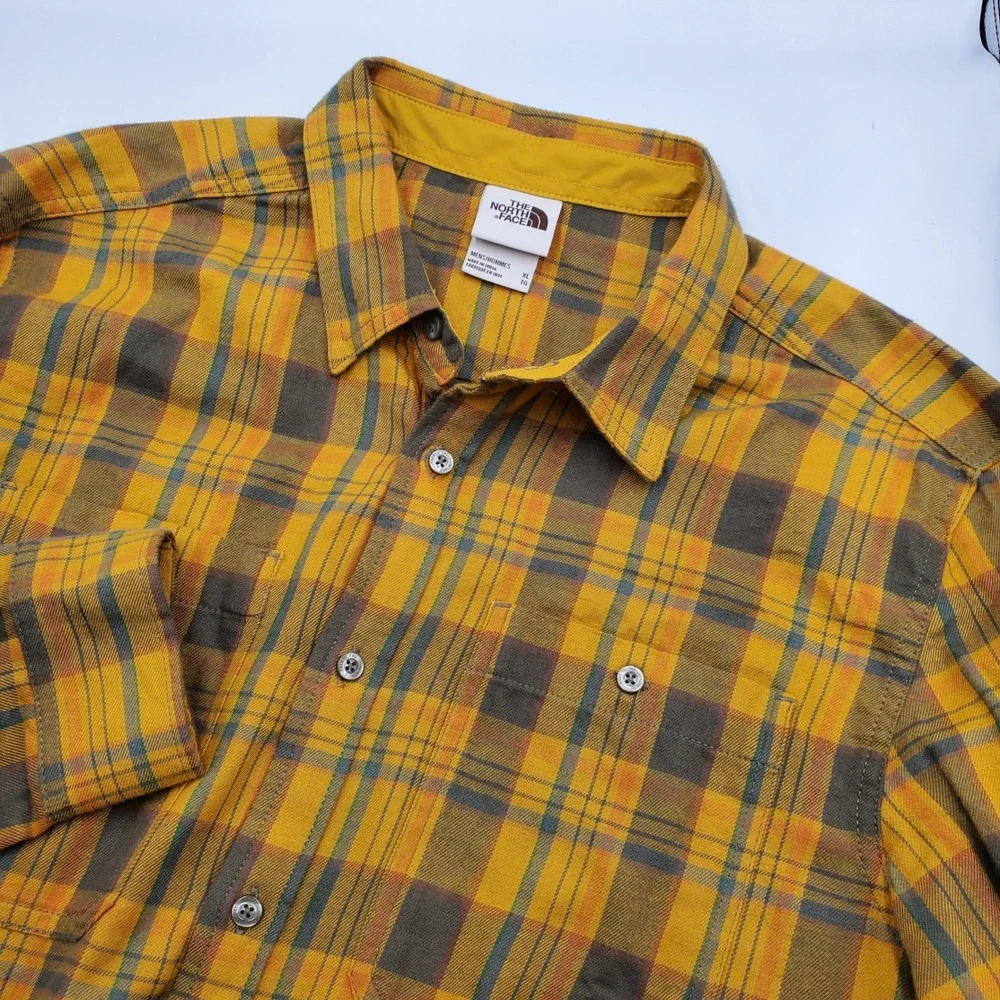 The North Face Mens XL Yellow Plaid Flannel Button Down Shirt Long Sleeve Cotton